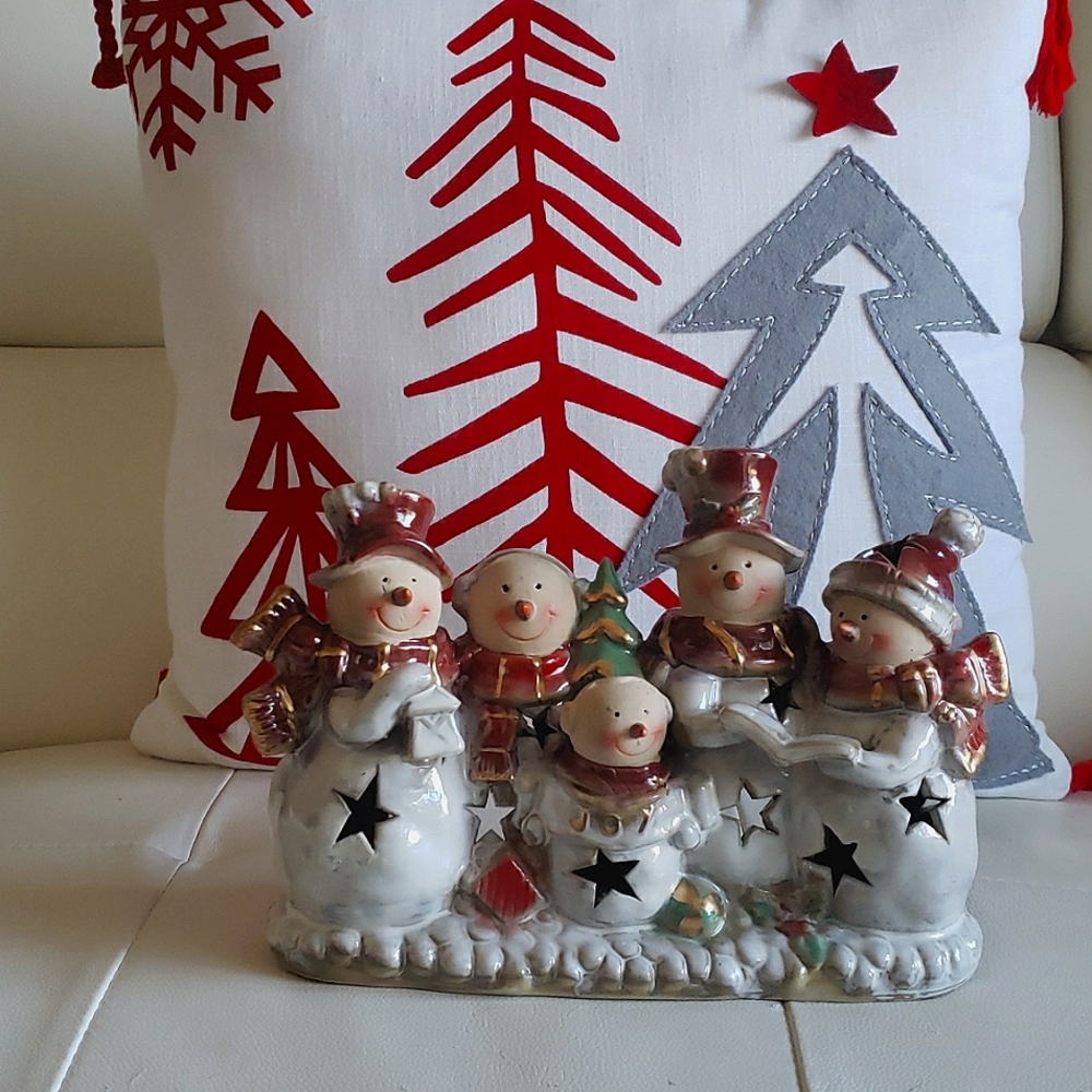 Ceramic Snowman Family Carolling Choir Tealight Candle Decor